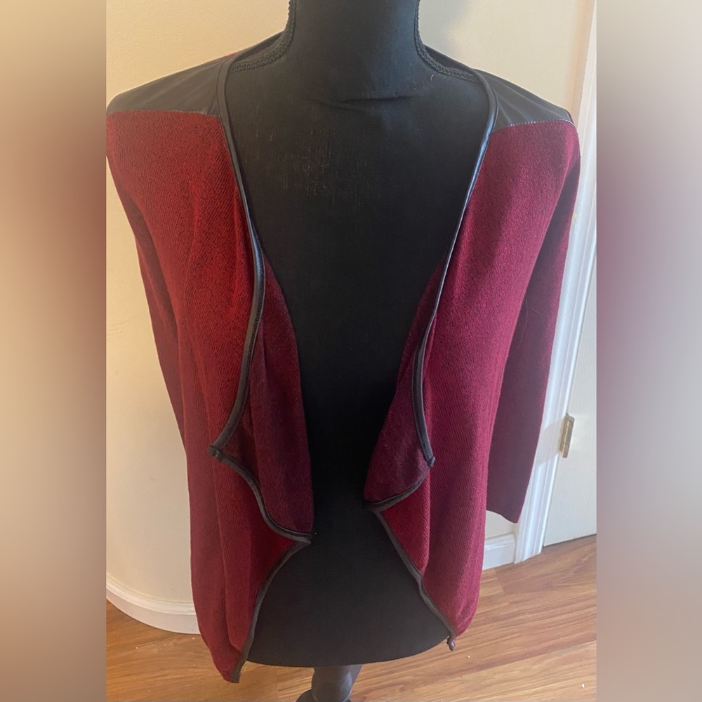 Love J NWT Elegent Burgundy Open-Front Sweater with Faux Black Leather Trim